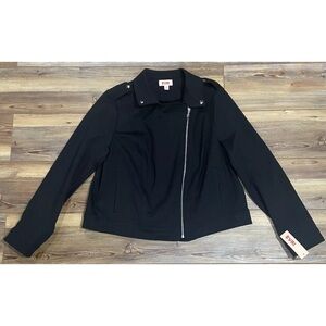 EVRI Moto Knit Jacket Black Collared Zip Up with Pockets Plus Size 0X NEW